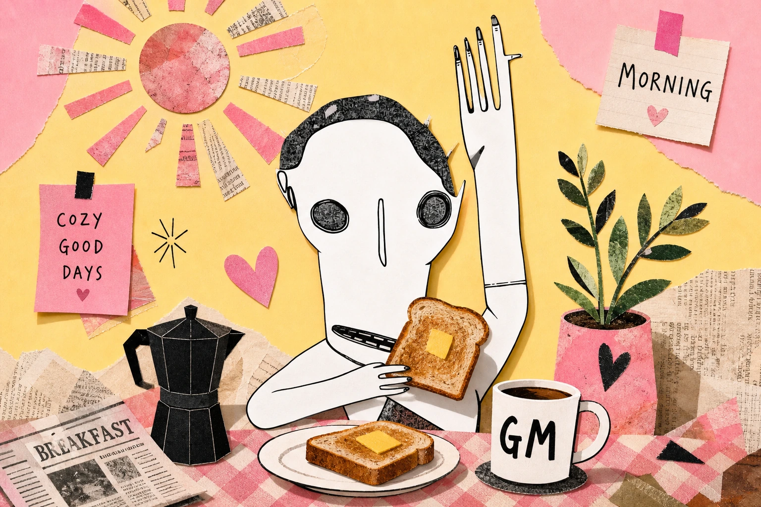 Manko greets the morning over breakfast in his bright paper-collage world